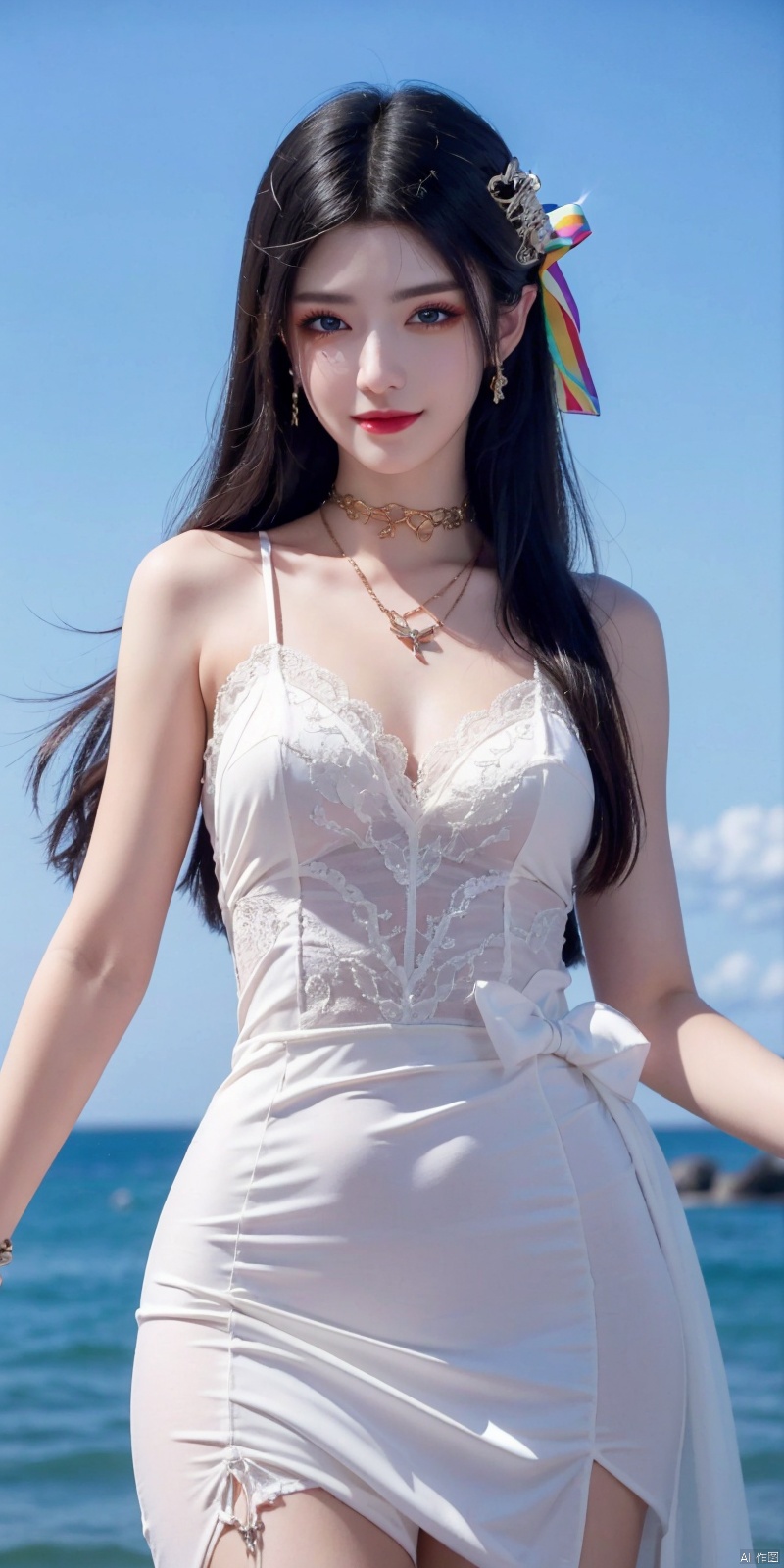  best quality, masterpiece, realistic, ,(Good structure), DSLR Quality,Depth of field,kind smile,looking_at_viewer,Dynamic pose, 
1girl, solo, long hair, , looking at viewer, blush, , bangs, blue eyes,, dress, bow, jewelry, very long hair, collarbone,hair bow, thighs, outdoors, sky, sleeveless, day, cloud, water, necklace, white dress, hair over one eye, bracelet, blue sky, blue bow, wading, pendant, doll, , rainbow, anastasia \(fate\), , meidusha, weddingdress