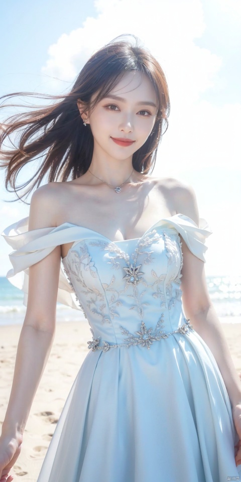  best quality, masterpiece, cowboy_shot,(Good structure), DSLR Quality,Depth of field,kind smile,looking_at_viewer,Dynamic pose, 
, Blue sky and white clouds on the beach,Masterpiece, (ultra wide angle lens: 1.2), Unity8k wallpaper, best quality, (detail shadow: 1.1), a beautiful girl, on a sea of light blue silk, translucent silk, floating light blue silk, surrealist style, minimalism, highly detailed texture, light blue, white clean background, CG rendering, light passing through clouds, 8k resolution, (motion photo: 1.2), (Fidelity: 1.4), original photos, movie lighting, 1girl,, ,, , weddingdress, , , tangyan
