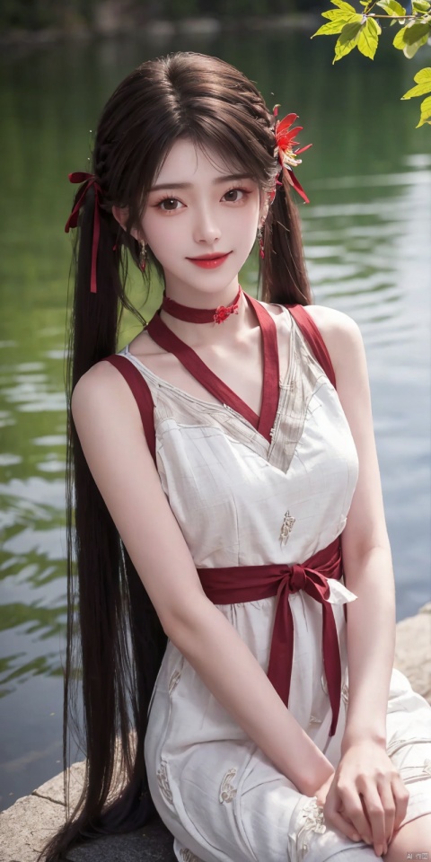 best quality, masterpiece, realistic,cowboy_shot,(Good structure), DSLR Quality,Depth of field,kind smile,looking_at_viewer,Dynamic pose, 
1girl, solo, long hair, breasts, looking at viewer, bangs,   hair ornament, dress, ribbon,  , bare shoulders, twintails, jewelry, medium breasts, sitting, very long hair,  collarbone, hair ribbon, flower, thighs, earrings, outdoors, parted lips, sleeveless, choker, hand up, hair flower, water,  white dress, bare arms, petals,  , sleeveless dress, black choker, short dress, frilled dress, white flower, purple ribbon, spaghetti strap,
 ,huolinger