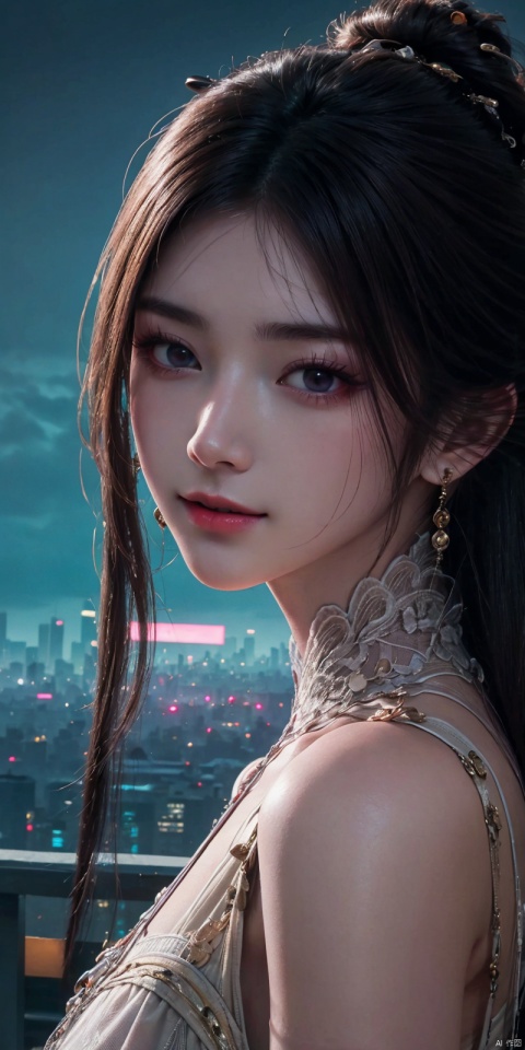 best quality, masterpiece, realistic,upper_body ,(Good structure), DSLR Quality,Depth of field,kind smile,looking_at_viewer,Dynamic pose, 
 neonpunk style Neon noir leogirl,hANMEIMEI,realistic photography,,On the rooftop of a towering skyscraper,a girl stands,facing the camera directly. Behind her,a multitude of skyscrapers stretches into the distance,creating a breathtaking urban panorama. It's the perfect dusk moment,with the evening sun casting a warm glow on the girl's face,intensifying the scene's impact. The photo captures a sense of awe,with the sharpness and realism making every detail vivid and clear,Hair fluttered in the wind,long hair,halterneck, . cyberpunk, vaporwave, neon, vibes, vibrant, stunningly beautiful, crisp, detailed, sleek, ultramodern, magenta highlights, dark purple shadows, high contrast, cinematic, ultra detailed, intricate, professional, ,, ,jinpinger