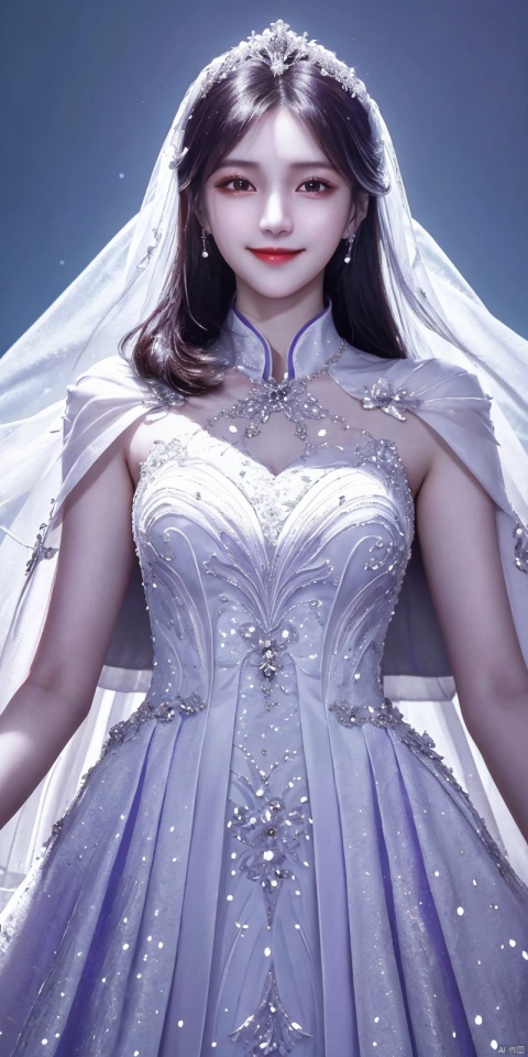  best quality, masterpiece, cowboy_shot,(Good structure), DSLR Quality,Depth of field,kind smile,looking_at_viewer,Dynamic pose, 
A chinese girl,Stunning crystal wedding dress cape, lavender, magic, soft lighting effects, blue dream background, octane rendering, surreal, HD 16K-AR, weddingdress, xuxin,