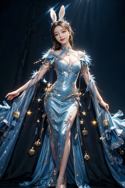 fullbody,1girl,(best quality), Nine-headed body,Flattering figure, Masterpiece, best quality, ultra detailed, fine details, ultra high resolution,real skin,white and blue,red lips,Very tight gelcoat,,long leg,Gold and silver, Bunny Girl dress, 
xiaowu,looking_at_viewer,kind smile