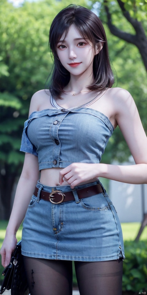  best quality, masterpiece, cowboy_shot,(Good structure), DSLR Quality,Depth of field,kind smile,looking_at_viewer,Dynamic pose,
 1girl, 3d, bare_shoulders, belt, blurry, blurry_background, blurry_foreground, branch, , , , collarbone, cosplay_photo, denim, denim_skirt, depth_of_field, , lips, long_hair, looking_at_viewer, midriff, miniskirt, motion_blur, navel, outdoors, photo_\(medium\), realistic, skirt, solo, standing, tree, , ,  , xuxin, blackpantyhose