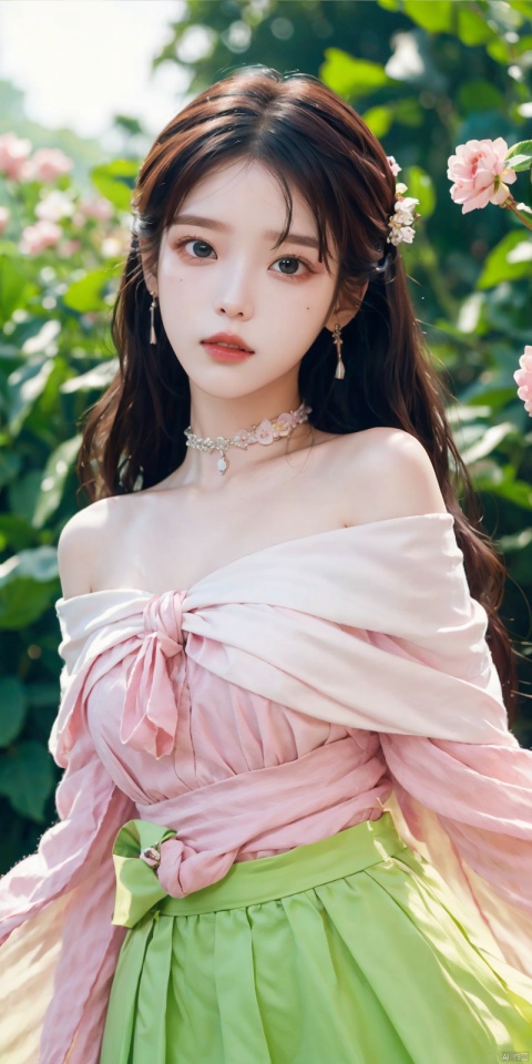  A girl, silk, cocoon, spider web, Solo, Complex Details, Color Differences, Realistic, (Moderate Breath), Off Shoulder,  Pink Long Hair, White Headwear, Hair Above One Eye, Green Eyes, Earrings, Sharp Eyes, Perfect Fit, Choker, Dim Lights, cocoon, transparent, jiBeauty, 1girl, flowers, mtianmei, Look at the camera., flowing skirts, Giant flowers, good hands, dofas, lizhien, ((poakl)), Light master