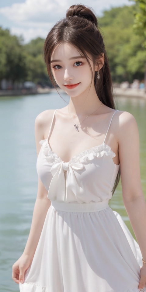  best quality, masterpiece, realistic, ,(Good structure), DSLR Quality,Depth of field,kind smile,looking_at_viewer,Dynamic pose, 
1girl, solo, long hair, breasts, looking at viewer, blush, , bangs, blue eyes,, dress, bow, , bare shoulders, jewelry, very long hair, collarbone, ponytail, white hair, hair bow, thighs, outdoors, sky, sleeveless, day, cloud, water, necklace, white dress, hair over one eye, bracelet, blue sky, blue bow, wading, pendant, doll, skirt hold, rainbow, anastasia \(fate\), eluosi