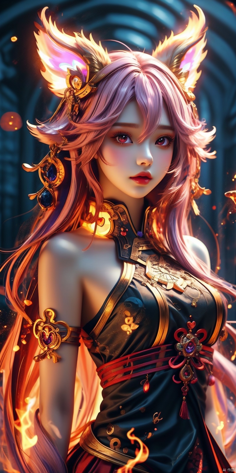  masterpiece, 1 girl, Look at me, Long hair, Flame, A magical scene, glowing, Floating hair, realistic, Nebula, An incredible picture, The magic array behind it, Stand, textured skin, super detail, best quality, ,,dress, ((poakl)), yae miko,purple eyes, pink hair, animal ears, bare shoulders, fox ears, heart, , long hair, , hair between eyes,pink hair