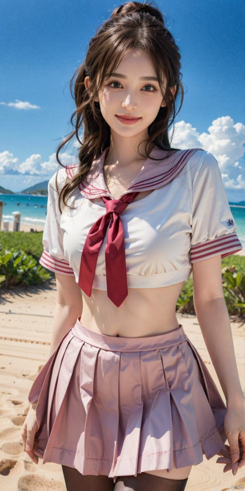  cowboy shot,(Good structure), DSLR Quality,Blue sky and white clouds on the beach,(high-detail skin) , 8K ultra-hd, , high quality, high resolution,(photo realistic: 1.3) 
, sailor senshi uniform,pink bow,pink necktie,pink sailor collar,pinkskirt,black pantyhose, , ,kind smile,  nazha, ((poakl))