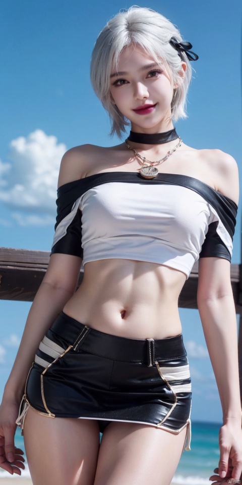 best quality, masterpiece, realistic,cowboy_shot,(Good structure), DSLR Quality,Depth of field,kind smile,looking_at_viewer,Dynamic pose, 
,Short skirt,Blue sky, white clouds, ocean, nai3, 1girl, solo, crop top, , choker, navel, shirt, midriff, crop top overhang, looking at viewer, white shirt, jewelry, breasts, bare shoulders, off-shoulder shirt, off shoulder, black choker, thighs, stomach, long hair, bracelet, short sleeves, ribbon, hand up, collarbone, hair ribbon, medium breasts, , bra strap, , hair ornament, thigh gap, necklace, expressionless, , ,kind smile, , , , ,jiuhuangnv,white_hair,short_hair