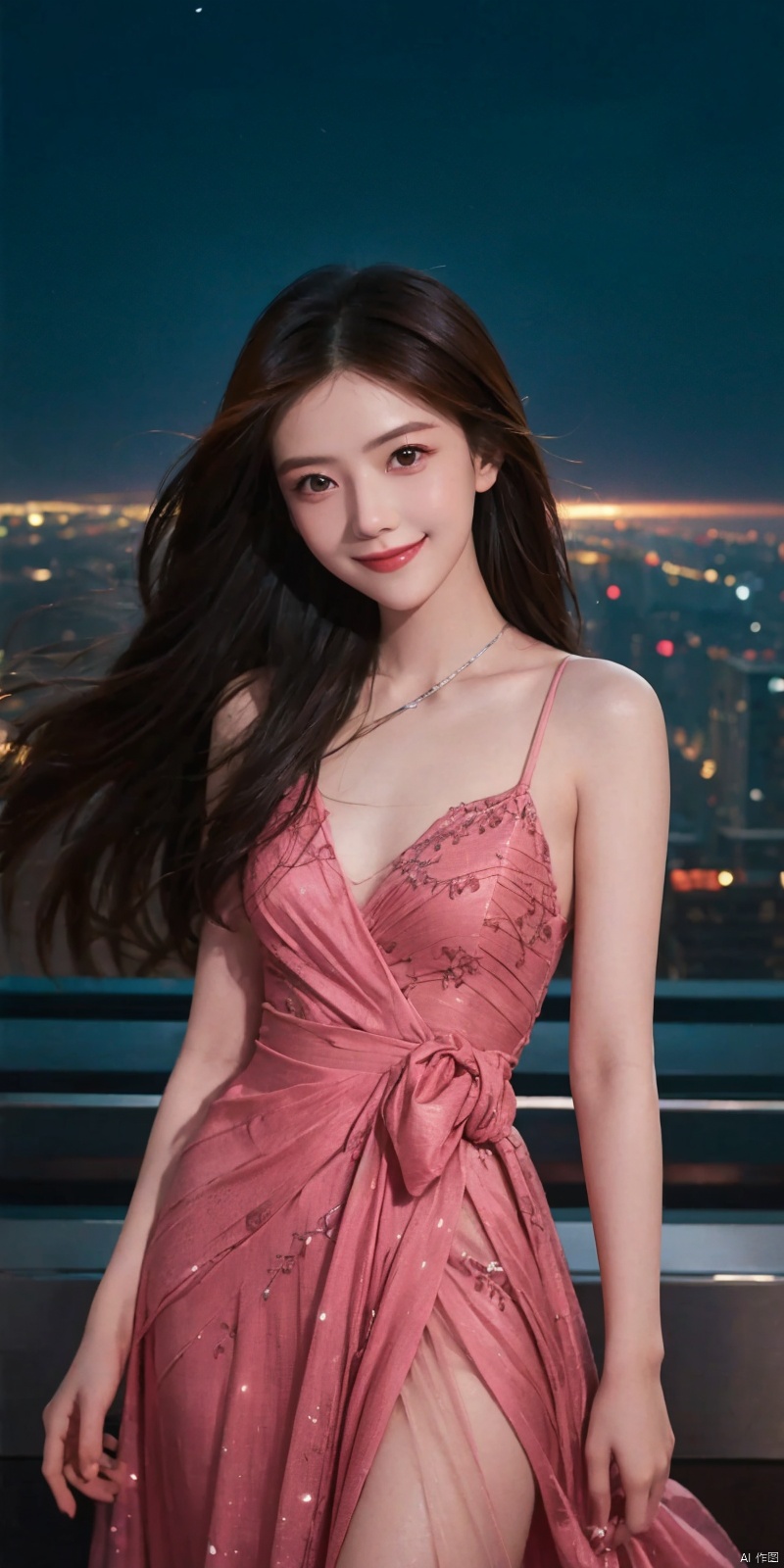  best quality, masterpiece, cowboy_shot,(Good structure), DSLR Quality,Depth of field,kind smile,looking_at_viewer,Dynamic pose, 
 （Front focus）,（in the darkness nigth：1.6）,Surrealist portraitsofwomenbyDavidHockneyandAlphonseMucha,Fantasyart,photographrealistic,动态照明,artstation,sportrait,daysies,depthoffields,独奏, 
（（tmasterpiece））Volumetriclighting,Very detailed faces,4 k,Award-Awarded, , 
,
neonpunk style Neon noir leogirl,hANMEIMEI,realistic photography,,On the rooftop of a towering skyscraper,a girl stands,facing the camera directly. Behind her,a multitude of skyscrapers stretches into the distance,creating a breathtaking urban panorama. It's the perfect dusk moment,with the evening sun casting a warm glow on the girl's face,intensifying the scene's impact. The photo captures a sense of awe,with the sharpness and realism making every detail vivid and clear,Hair fluttered in the wind,long hair,halterneck, . cyberpunk, vaporwave, neon, vibes, vibrant, stunningly beautiful, crisp, detailed, sleek, ultramodern, magenta highlights, dark purple shadows, high contrast, cinematic, ultra detailed, intricate, professional, ((poakl)), Light master,, ,, , dress,blue dress, 1girl,kind smile, , yuanyuan, wanglin, aimeibo