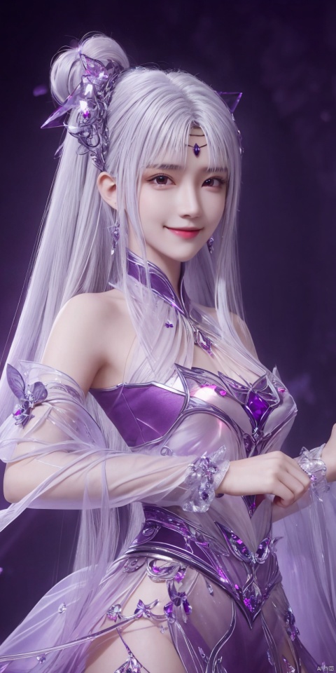  best quality, masterpiece, (Good structure),cowboy_shot, DSLR Quality,Depth of field ,looking_at_viewer,Dynamic pose, , kind smile,
1 girl,(Purple light effect),hair ornament,jewelry,looking at viewer, , dofas,(ultra-detailed crystallization),transparent crystals, , , , , ,, xiaoyixian,white hair