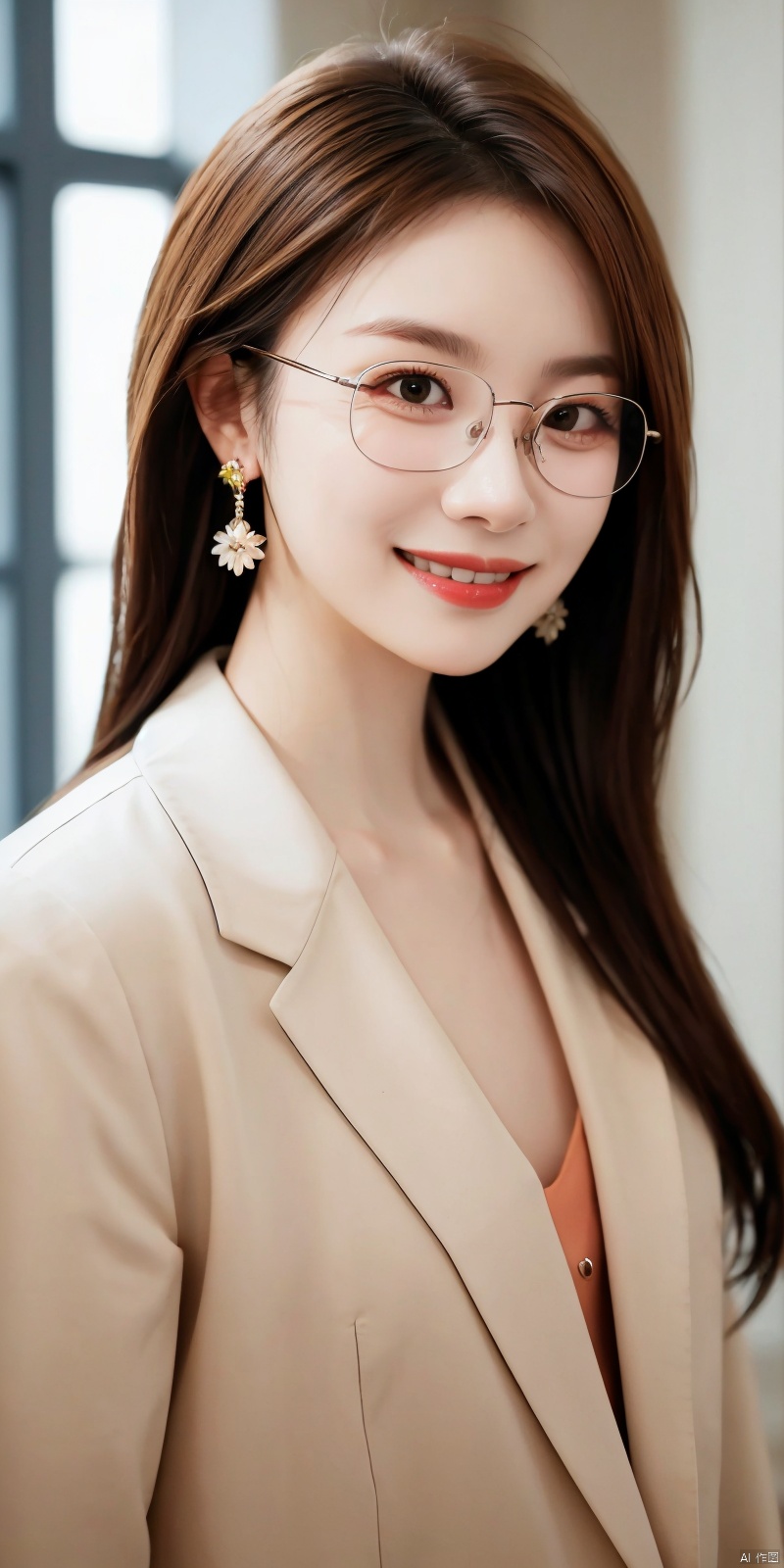  best quality, masterpiece, realistic,cowboy_shot,(Good structure), DSLR Quality,Depth of field,kind smile,looking_at_viewer,Dynamic pose, 
longni, 1girl, solo, glasses, long hair, looking at viewer, earrings, jewelry, lips, brown hair, blurry, realistic