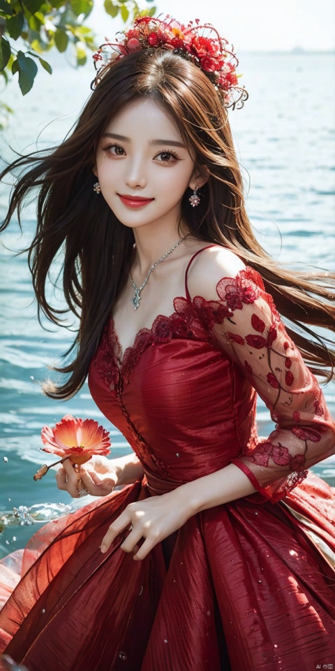  best quality, masterpiece, cowboy_shot,(Good structure), DSLR Quality,Depth of field,kind smile,looking_at_viewer,Dynamic pose, 
1 girl,(red light effect), ,hair ornament,jewelry,looking at viewer,flower,floating hair,water,underwater,air bubble,Flowers,petal,branch,submerged,long hair, ,, dress,, nazha,