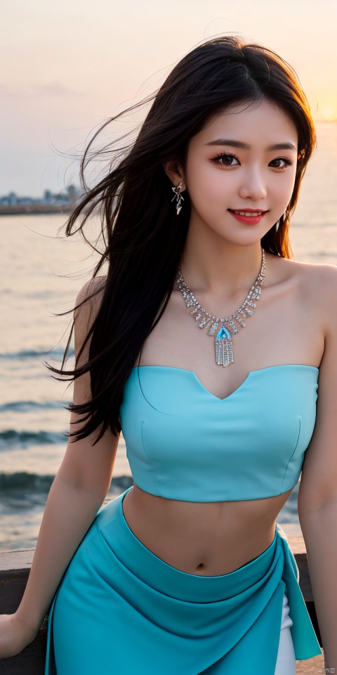  best quality, masterpiece, realistic,cowboy_shot,(Good structure), DSLR Quality,Depth of field,kind smile,looking_at_viewer,Dynamic pose, 
1girl, solo, long hair, , looking at viewer, skirt, hair ornament, bare shoulders, jewelry, , black hair, earrings, outdoors, midriff, water, necklace, lips, crop top, grey eyes, leaning forward, ocean, white skirt, strapless vest, sunset, sun, ,blue dress