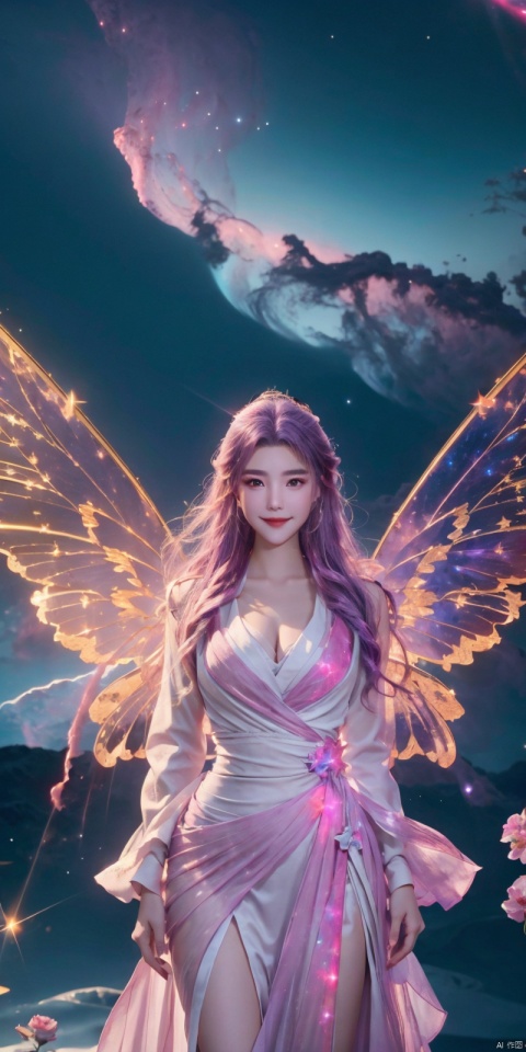  (Good structure), DSLR Quality,Depth of field,kind smile,looking_at_viewer,Dynamic pose, 1girl, wings, solo, nebula wings, , long hair, navel, dress, pink wings, looking at viewer, star \(sky\), , , bare shoulders, sky, starry sky, collarbone, realistic, nebula,,, , xuancaiqun, , yunxiao,purple_hair