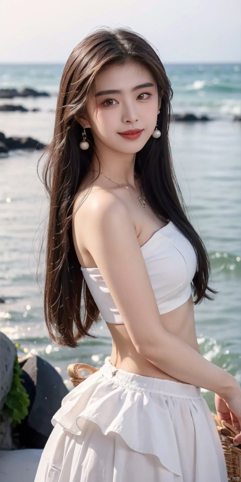  (Good structure),cowboy_shot, DSLR Quality,Depth of field ,looking_at_viewer,Dynamic pose, , kind smile,,
1girl, solo, long hair, , looking at viewer, skirt, hair ornament, bare shoulders, jewelry, , black hair, earrings, outdoors, midriff, water, necklace, lips, crop top, grey eyes, leaning forward, ocean, white skirt, strapless vest, sunset, sun, wangzuxian, molika