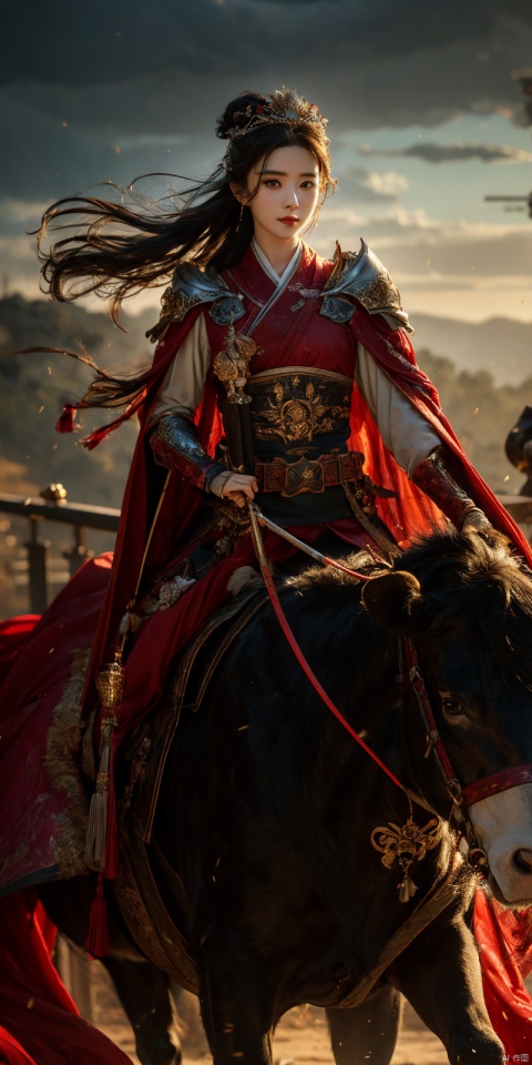 best quality, masterpiece, realistic,cowboy_shot,(Good structure), DSLR Quality,Depth of field,kind smile,looking_at_viewer,Dynamic pose, 
, 1girl,Wearing a jade crown, shining silver armor, and wearing a lion headband. Treading towards the sky with cow tendon boots; Wearing a crimson cloak on her shoulders, carrying a three foot green blade on her waist, and carrying an iron tire bow on her back, coupled with her tall figure and resolute expression,Facing the camera, liuyifei,  