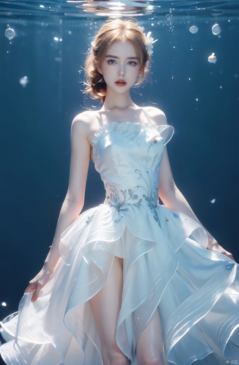  (1girl:1.2),stars in the eyes,(pure girl:1.1),(white dress:1.1),(full body:0.6),There are many scattered luminous petals,bubble,contour deepening,(white_background:1.1),cinematic angle,nike,underwater,adhesion,green long upper shan,