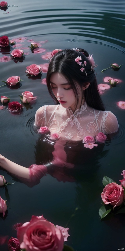  Absurdity, realistic rendering, (masterpiece, best quality), flowers, solo, water, roses, realistic, with eyes closed, blurry, partially submerged, 1 girl, floating, ripple, red flowers, petals, pink flowers, black hair, top-down, (8k, best quality, ultra-high resolution, masterpiece: 1.2),

, 1girl, luxueqi