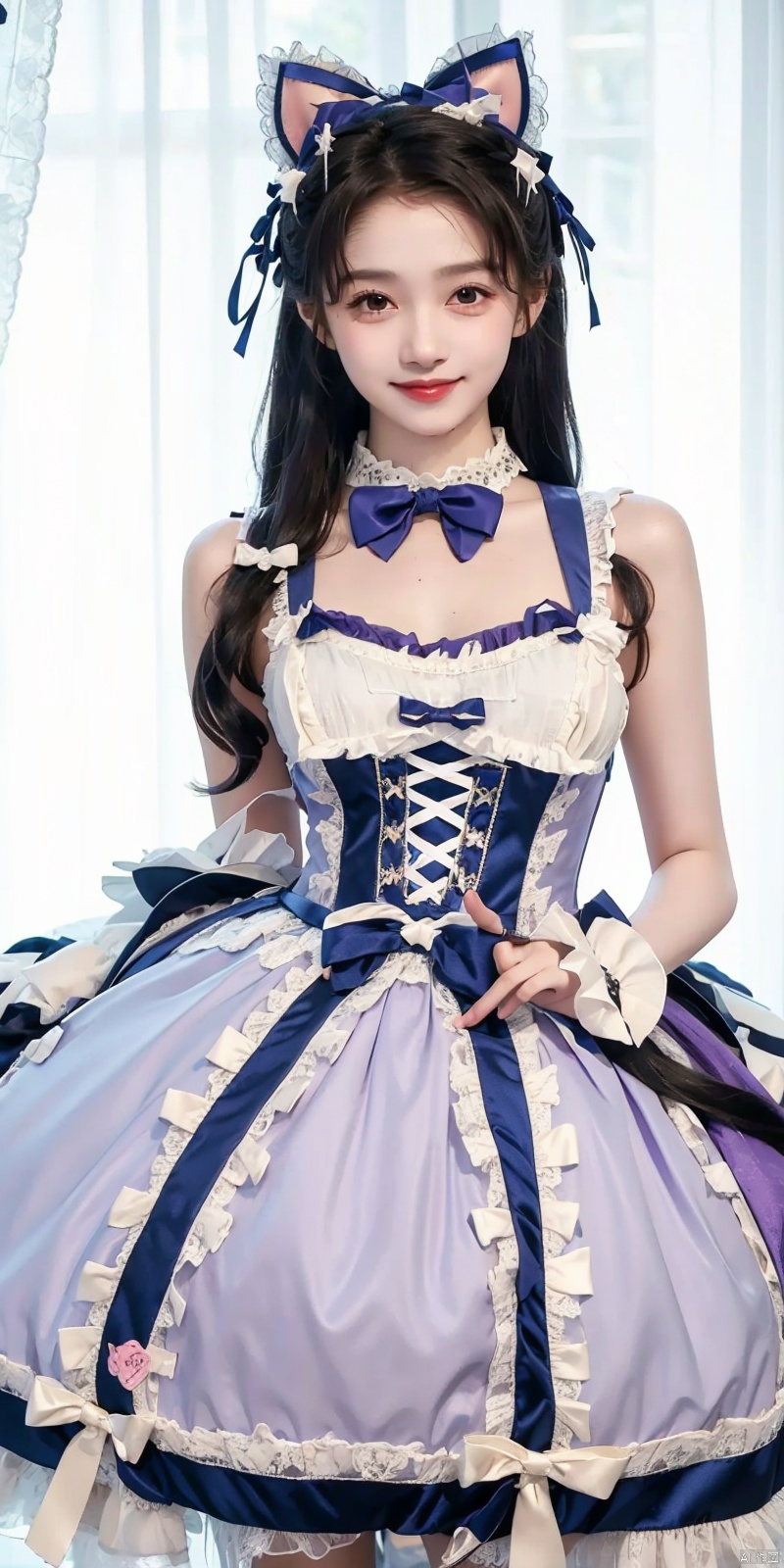  (Good structure), DSLR Quality,Depth of field,kind smile,looking_at_viewer,Dynamic pose, ,(wariza),,Girl, bare shoulders, , boobs, bow tie, ,purple eyes, cat ears, collar, ((Lolita Dress: 1.4)) , blue and white Lolita dress, wrinkled leg outfit, hand-held, lips, nose, shoulders, , alone, long_hair, kind smile, looking at the audience, white leg costume, wrist cuffs, 1girl,,looking_at_viewer, , lolidress , guanxiaotong,dress