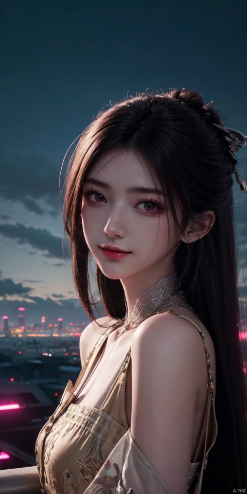 best quality, masterpiece, realistic,cowboy_shot,(Good structure), DSLR Quality,Depth of field,kind smile,looking_at_viewer,Dynamic pose, 
 neonpunk style Neon noir leogirl,hANMEIMEI,realistic photography,,On the rooftop of a towering skyscraper,a girl stands,facing the camera directly. Behind her,a multitude of skyscrapers stretches into the distance,creating a breathtaking urban panorama. It's the perfect dusk moment,with the evening sun casting a warm glow on the girl's face,intensifying the scene's impact. The photo captures a sense of awe,with the sharpness and realism making every detail vivid and clear,Hair fluttered in the wind,long hair,halterneck, . cyberpunk, vaporwave, neon, vibes, vibrant, stunningly beautiful, crisp, detailed, sleek, ultramodern, magenta highlights, dark purple shadows, high contrast, cinematic, ultra detailed, intricate, professional, ,, ,jinpinger