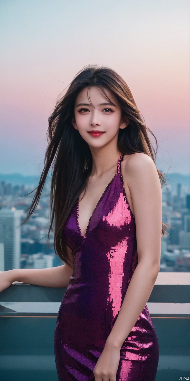  best quality, masterpiece, realistic,cowboy_shot,(Good structure), DSLR Quality,Depth of field,kind smile,looking_at_viewer,Dynamic pose, 
neonpunk style Neon noir leogirl,hANMEIMEI,realistic photography,,On the rooftop of a towering skyscraper,a girl stands,facing the camera directly. Behind her,a multitude of skyscrapers stretches into the distance,creating a breathtaking urban panorama. It's the perfect dusk moment,with the evening sun casting a warm glow on the girl's face,intensifying the scene's impact. The photo captures a sense of awe,with the sharpness and realism making every detail vivid and clear,Hair fluttered in the wind,long hair,halterneck, . cyberpunk, vaporwave, neon, vibes, vibrant, stunningly beautiful, crisp, detailed, sleek, ultramodern, magenta highlights, dark purple shadows, high contrast, cinematic, ultra detailed, intricate, professional, , , , , , dress, blue dress, , sufei