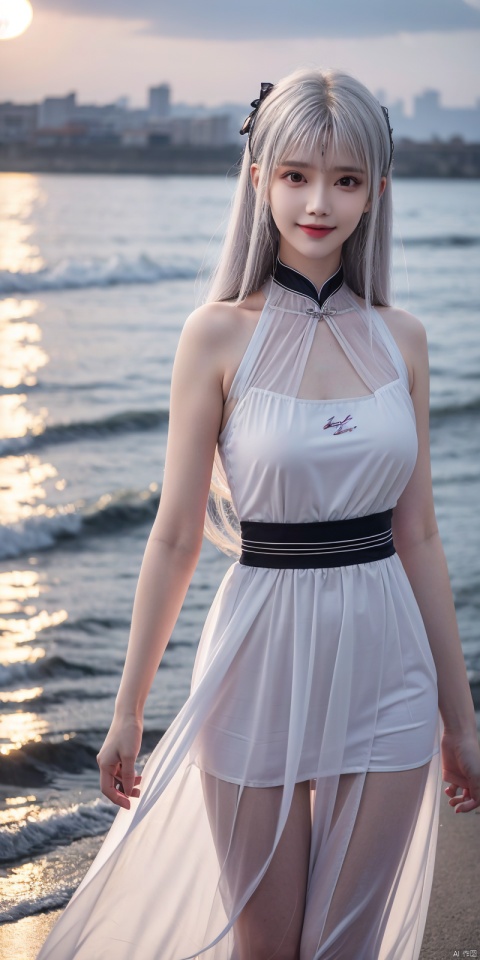  best quality, masterpiece, realistic, ,(Good structure), DSLR Quality,Depth of field,kind smile,looking_at_viewer,Dynamic pose, 
1girl, solo, looking at viewer, , ,, , bangs,  , dress, ribbon, bare shoulders,  , standing, collarbone,  outdoors, sky, sleeveless, cloud, signature, blunt bangs, water, white dress, bare arms, black ribbon, sleeveless dress, ocean, sunlight, wading, sunset, skirt hold, sun, horizon, sundress, see-through silhouette,  , xiaoyixian,white hair