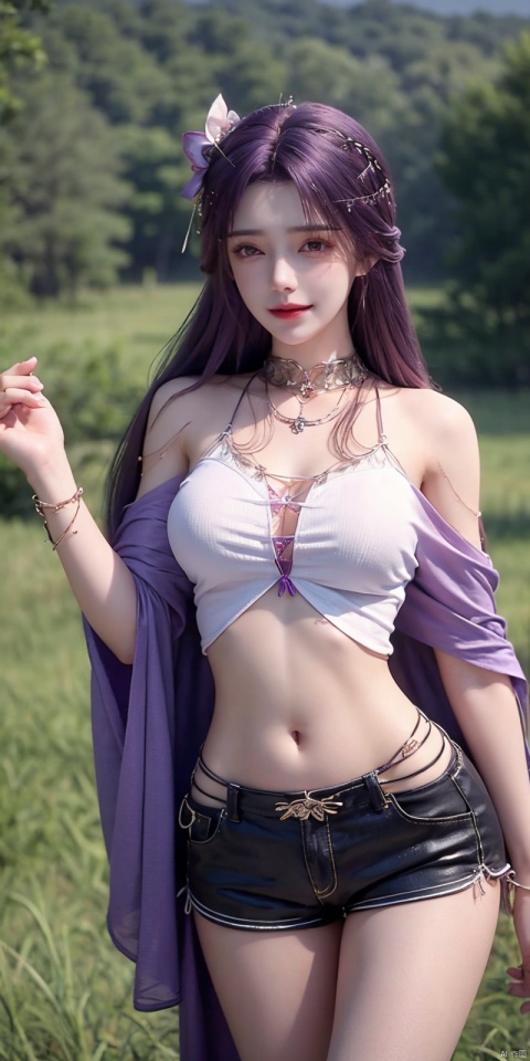  nai3, 1girl, shorts, solo, crop top, black shorts, choker, navel, shirt, midriff, crop top overhang, looking at viewer, white shirt, jewelry, breasts, cowboy shot, bare shoulders, short shorts, off-shoulder shirt, off shoulder, black choker, thighs, stomach, hand on own thigh, long hair, bracelet, short sleeves, ribbon, hand up, collarbone, hair ribbon, medium breasts, standing, high-waist shorts, dolphin shorts, bra strap, , hair ornament, thigh gap, necklace, expressionless, , , yunxi,purple hair,purple eyes,kind smile