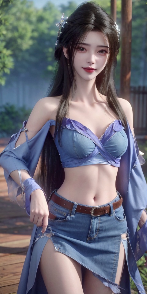  best quality, masterpiece, cowboy_shot,(Good structure), DSLR Quality,Depth of field,kind smile,looking_at_viewer,Dynamic pose,
 1girl, 3d, bare_shoulders, belt, blurry, blurry_background, blurry_foreground, branch, , , , collarbone, cosplay_photo, denim, denim_skirt, depth_of_field, , lips, long_hair, looking_at_viewer, midriff, miniskirt, motion_blur, navel, outdoors, photo_\(medium\), realistic, skirt, solo, standing, tree, , , , limuwan