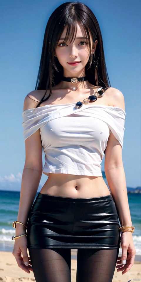  nai3, 1girl, solo, crop top, choker, miniskirt , navel, shirt, midriff, crop top overhang, looking at viewer, white shirt, jewelry, breasts, cowboy shot, bare shoulders, off-shoulder shirt, off shoulder, black choker, thighs, stomach, hand on own thigh, long hair, bracelet, short sleeves, ribbon, hand up, collarbone, hair ribbon, medium breasts, standing, , , bra strap, kind smile, hair ornament, thigh gap, bangs, necklace, expressionless,,blackpantyhose, , Dynamic pose,, , , , linghua,Blue sky, white clouds, beach
