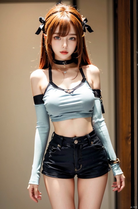  nai3, 1girl, shorts, solo, crop top, black shorts, choker, navel, shirt, midriff, crop top overhang, looking at viewer, white shirt, jewelry, breasts, cowboy shot, bare shoulders, short shorts, off-shoulder shirt, off shoulder, black choker, thighs, stomach, hand on own thigh, long hair, bracelet, short sleeves, ribbon, hand up, collarbone, hair ribbon, medium breasts, standing, high-waist shorts, dolphin shorts, bra strap, closed mouth, hair ornament, thigh gap, bangs, necklace, expressionless,,,,long_hair,kind smile, yae miko,（）pink hair)