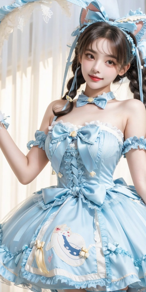  (Good structure), DSLR Quality,Depth of field,kind smile,looking_at_viewer,Dynamic pose, ,(wariza),,Girl, bare shoulders, blue hair, boobs, bow tie, brown eyes, cat ears, collar, ((Lolita Dress: 1.4)) , blue and white Lolita dress, wrinkled leg outfit, hand-held, lips, nose, shoulders, , alone, long_hair, kind smile, looking at the audience, white leg costume, wrist cuffs, 1girl,,looking_at_viewer, , lolidress, ,, yangchaoyue