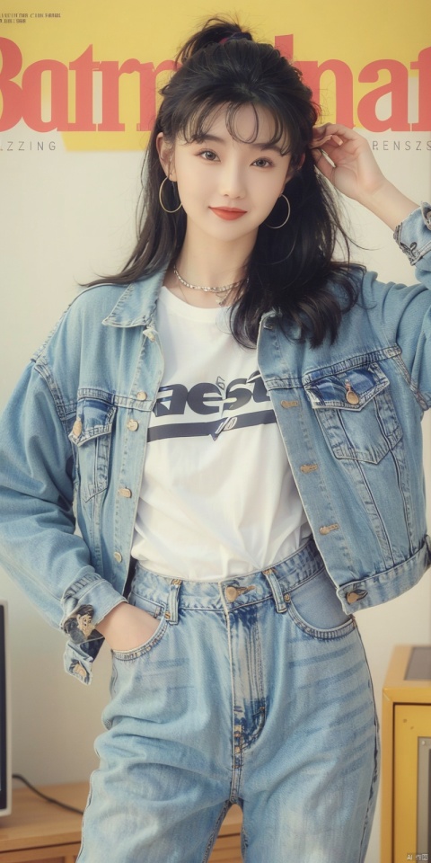  80sDBA style, fashion, (magazine: 1.3), (cover style: 1.3),Best quality, masterpiece, high-resolution, 4K, 1 girl, smile, exquisite makeup,shirt,jean,jacket , lace, tv,boombox
,, , ,long_hair , , manyu