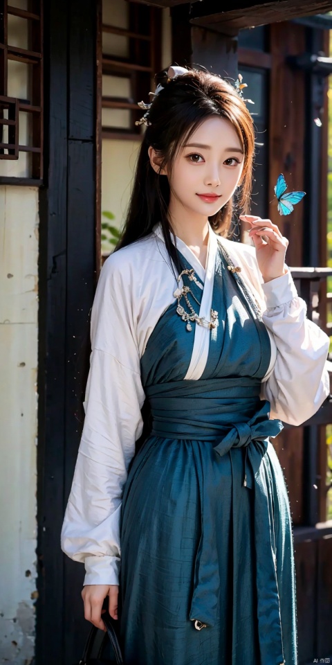  best quality, masterpiece, (cowboy_shot),(Good structure), DSLR Quality,Depth of field,kind smile,looking_at_viewer,Dynamic pose, line art,line style,as style,best quality,masterpiece, The image features a beautiful anime-style illustration of a young woman. She has long black hair and is dressed in a traditional Chinese outfit. The outfit consists of a white top with blue and purple accents, a long skirt, and a butterfly-shaped mirror in her hand. She stands against a backdrop of a clear blue sky and a body of water, with butterflies fluttering around her. AI painting pure tag structure: anime, art, illustration, traditional clothes, blue, white, long hair, black hair, butterfly, mirror, sky, water, , chineseclothes, , , lichun