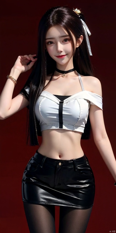  nai3, 1girl, solo, crop top, choker, miniskirt , navel, shirt, midriff, crop top overhang, looking at viewer, white shirt, jewelry, breasts, cowboy shot, bare shoulders, off-shoulder shirt, off shoulder, black choker, thighs, stomach, hand on own thigh, long hair, bracelet, short sleeves, ribbon, hand up, collarbone, hair ribbon, medium breasts, standing, , , bra strap, kind smile, hair ornament, thigh gap, bangs, necklace, expressionless,,kind smile , , blackpantyhose, , Dynamic pose,, , yaoye