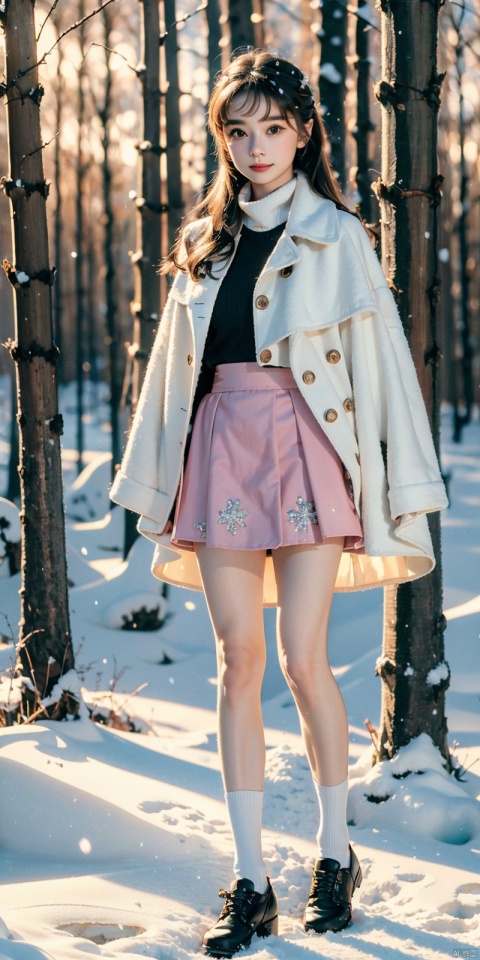  1 girl,Transparent skirt,pink face,stockings,(snow:1.2),(snowing:1.2),peach blossom,snow,solo,scarf,pink hair,smile,long hair,bokeh,realistic,long coat,blurry, captivating gaze, embellished clothing, natural light, shallow depth of field, romantic setting, dreamy pastel color palette, whimsical details, captured on film,. (Original Photo, Best Quality), (Realistic, Photorealistic: 1.3), Clean, Masterpiece, Fine Detail, Masterpiece, Ultra Detailed, High Resolution, (Best Illustration), (Best Shadows), Complex, Bright light, modern clothing, (pastoral: 1.3), smiling,standing,(very very short skirt:1.5),knee socks,(white shoes: 1.4),long legs, forest, grassland,(view: 1.3), 21yo girl, striped, , capricornus, 1girl, light master, Light master, ((poakl)), , heben