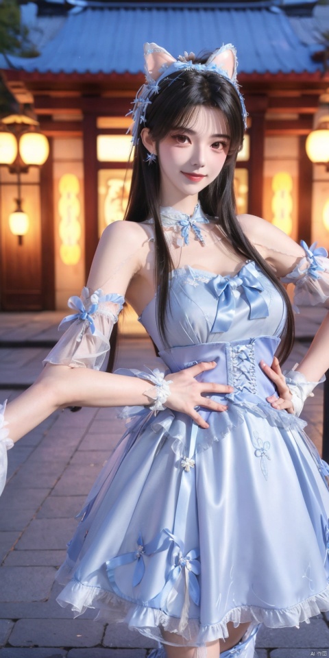 best quality, masterpiece, realistic,cowboy_shot,(Good structure), DSLR Quality,Depth of field,kind smile,looking_at_viewer,Dynamic pose, 
, ,(wariza),,Girl, bare shoulders, , boobs, bow tie, ,purple eyes, cat ears, collar, ((Lolita Dress: 1.4)) , blue and white Lolita dress, wrinkled leg outfit, hand-held, lips, nose, shoulders, , alone, long_hair, kind smile, looking at the audience, white leg costume, wrist cuffs, 1girl,,looking_at_viewer, , lolidress ,xiaqingyue