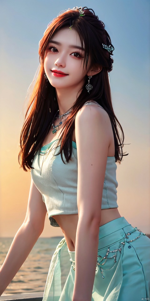  best quality, masterpiece, realistic,cowboy_shot,(Good structure), DSLR Quality,Depth of field,kind smile,looking_at_viewer,Dynamic pose, 
1girl, solo, long hair, , looking at viewer, skirt, hair ornament, bare shoulders, jewelry, , black hair, earrings, outdoors, midriff, water, necklace, lips, crop top, grey eyes, leaning forward, ocean, white skirt, strapless vest, sunset, sun, ,  , yeqinxian,brown_hair