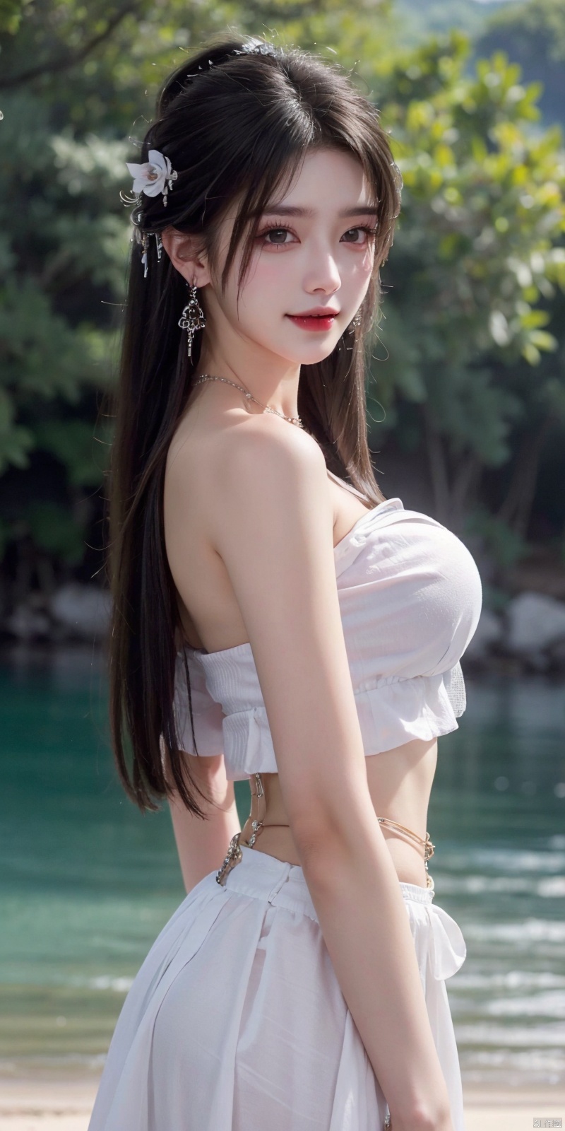 (Good structure),cowboy_shot, DSLR Quality,Depth of field ,looking_at_viewer,Dynamic pose, , kind smile,,
1girl, solo, long hair, , looking at viewer, skirt, hair ornament, bare shoulders, jewelry, , black hair, earrings, outdoors, midriff, water, necklace, lips, crop top, grey eyes, leaning forward, ocean, white skirt, strapless vest, sunset, sun, qingyi, wanglin, yeqinxian, babata