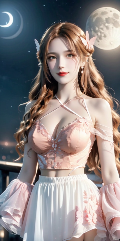  (Good structure),cowboy_shot,1girl, bare_shoulders, breasts, bug, butterfly, cleavage, cloud, crescent_moon, full_moon, hair_ornament, lips, long_hair, looking_at_viewer, medium_breasts, moon, moonlight, night, night_sky, red_lips, kneeling, sky, solo, star_\(sky\), starry_sky, sun,,,looking_at_viewer,kind smile, 1girl, zhennite,brown hair