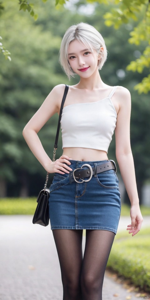best quality, masterpiece, realistic,full_body,(Good structure), DSLR Quality,Depth of field,kind smile,looking_at_viewer,Dynamic pose, 
 1girl, 3d, bare_shoulders, belt, blurry, blurry_background, blurry_foreground, branch, , , , collarbone, *******_photo, denim, denim_skirt, depth_of_field, , lips, long_hair, looking_at_viewer, midriff, miniskirt, motion_blur, navel, outdoors, photo_\(medium\), realistic, skirt, solo, standing, tree, , , , blackpantyhose, , , , , , , ,  ,jiuhuangnv,white_hair,short_hair