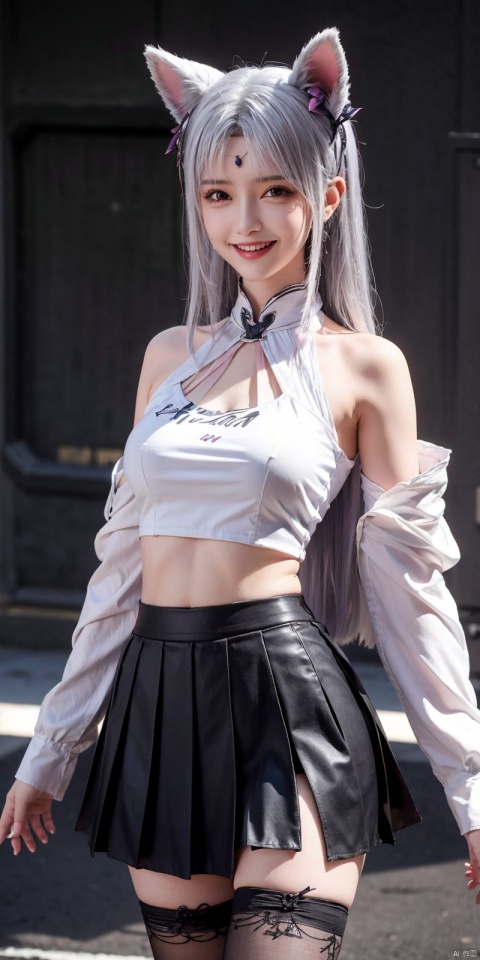 best quality, masterpiece, realistic,cowboy_shot,(Good structure), DSLR Quality,Depth of field,kind smile,looking_at_viewer,Dynamic pose, 
1girl, solo, breasts, looking at viewer, blush,   skirt,  shirt, thighhighs, navel, holding, animal ears, bare shoulders, underwear, standing, panties, tail, , white shirt, thighs,, pleated skirt, , sleeveless, midriff, black thighhighs, indoors, miniskirt, stomach, white panties, grin, crop top, animal ear fluff, bare arms, fox ears, sleeveless shirt, fox tail, halo, pantyshot, white skirt, fox girl, brown thighhighs, cheerleader, pom pom \(cheerleading\), crop top overhang, holding pom poms,   , xiaoyixian,white_hair, blackpantyhose