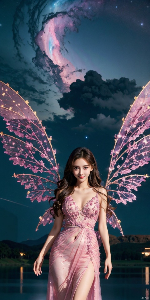  (Good structure), DSLR Quality,Depth of field,kind smile,looking_at_viewer,Dynamic pose, 1girl, wings, solo, nebula wings, breasts, , long hair, navel, dress, pink wings, looking at viewer, star \(sky\), , , bare shoulders, sky, starry sky, collarbone, realistic, nebula, ((poakl)),, angel, dress
