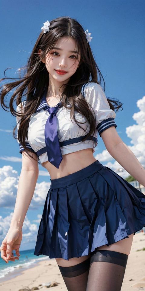 (Good structure), DSLR Quality,Depth of field,kind smile,looking_at_viewer,Dynamic pose,,
,Blue sky and white clouds on the beach,(high-detail skin) , 8K ultra-hd, , high quality, high resolution,(photo realistic: 1.3) 
, sailor senshi uniform,purple bow,purple necktie,purple sailor collar,purpleskirt,black pantyhose, ,, 1girl,  zhangyuanying