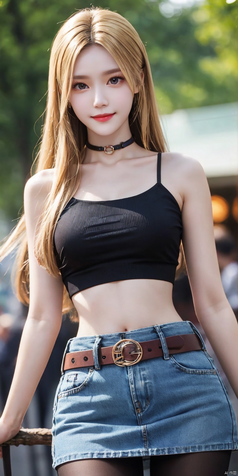  best quality, masterpiece, cowboy_shot,(Good structure), DSLR Quality,Depth of field,kind smile,looking_at_viewer,Dynamic pose,
 1girl, 3d, bare_shoulders, belt, blurry, blurry_background, blurry_foreground, branch, , , , collarbone, cosplay_photo, denim, denim_skirt, depth_of_field, , lips, long_hair, looking_at_viewer, midriff, miniskirt, motion_blur, navel, outdoors, photo_\(medium\), realistic, skirt, solo, standing, tree, , , , blackpantyhose, , ,  , qianrenxue,blond_hair