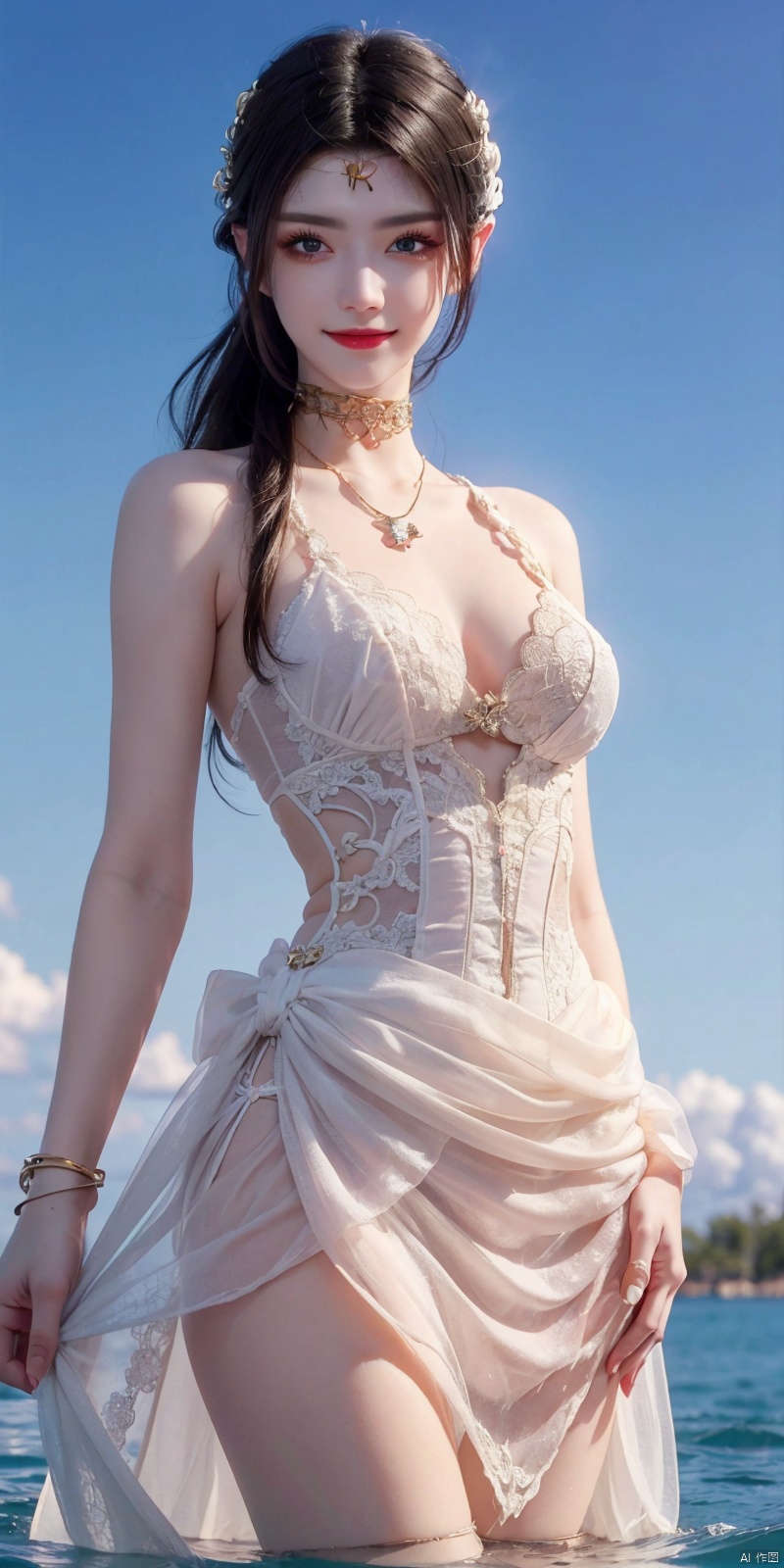  best quality, masterpiece, realistic, ,(Good structure), DSLR Quality,Depth of field,kind smile,looking_at_viewer,Dynamic pose, 
1girl, solo, long hair, breasts, looking at viewer, blush, , bangs, blue eyes,, dress, bow, , bare shoulders, jewelry, very long hair, collarbone, ponytail, white hair, hair bow, thighs, outdoors, sky, sleeveless, day, cloud, water, necklace, white dress, hair over one eye, bracelet, blue sky, blue bow, wading, pendant, doll, skirt hold, rainbow, anastasia \(fate\), , meidusha, weddingdress