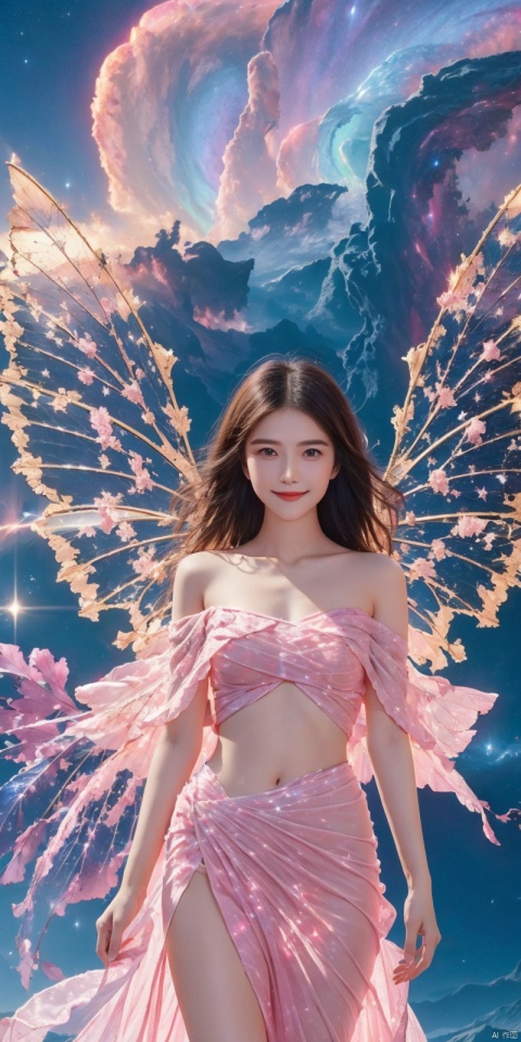  (Good structure), DSLR Quality,Depth of field,kind smile,looking_at_viewer,Dynamic pose, 1girl, wings, solo, nebula wings, , long hair, navel, dress, pink wings, looking at viewer, star \(sky\), , , bare shoulders, sky, starry sky, collarbone, realistic, nebula,,, , xuancaiqun, , , yuanyuan