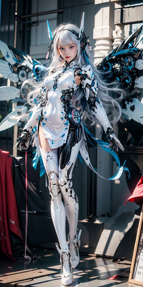  best quality,masterpiece,1girl,pink mecha body,cyborg,blue eyes,brown hair,depth of field,white hair,looking at viewer,1 girl with wings in mecha,Wings Follow Character Proportion,Outstanding,8K wallpaper,jixieji, 1girl, Dragon ear, tianqi, ((poakl)), Detail, white_hair,((Mechanical wings)),high heels,fly,