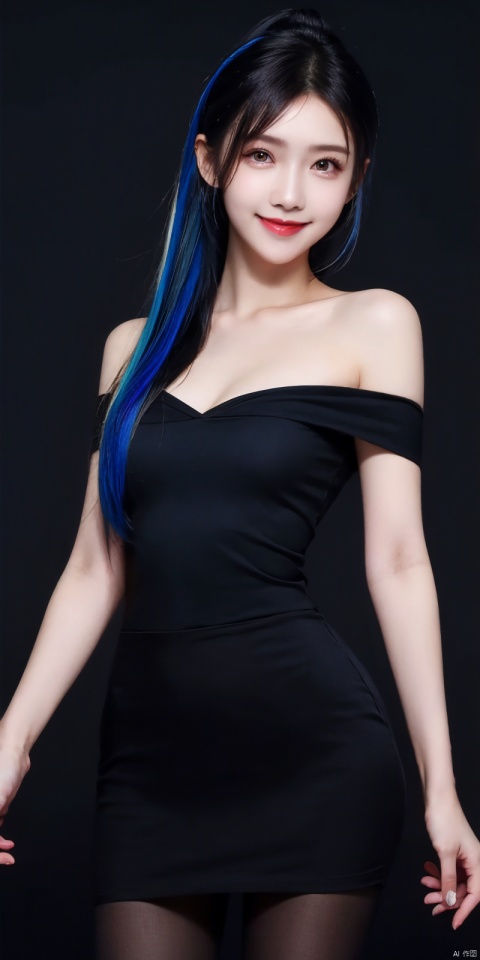  best quality, masterpiece, cowboy_shot,(Good structure), DSLR Quality,Depth of field,kind smile,looking_at_viewer,Dynamic pose, 
1girl, solo, long hair, breasts, blue eyes,  (Cyber), bare shoulders, blue hair, collarbone,, , ponytail, multicolored hair, off shoulder, , lips, , headgear, red lips,tifa, blackpantyhose