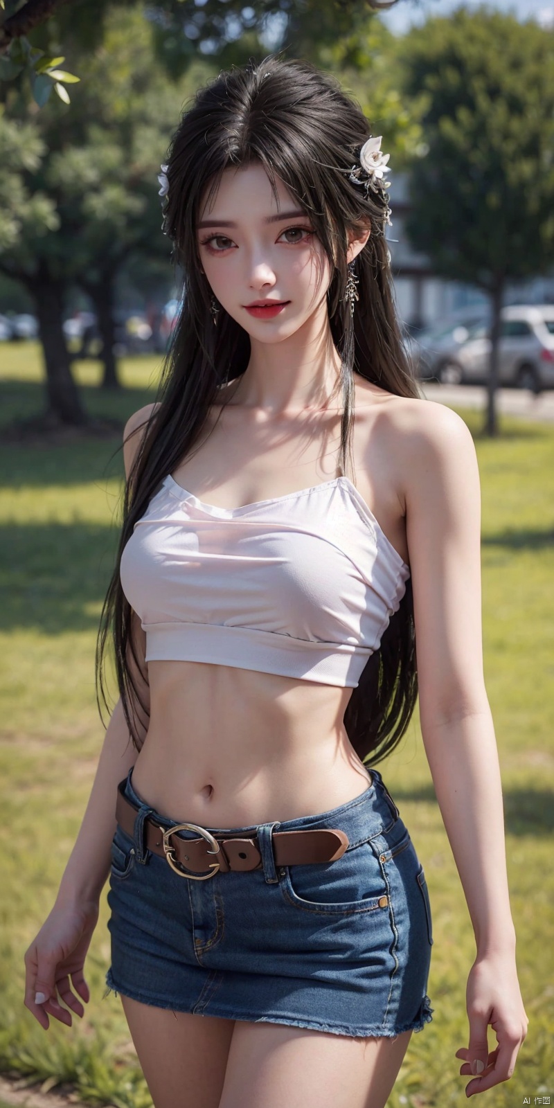  best quality, masterpiece, cowboy_shot,(Good structure), DSLR Quality,Depth of field,kind smile,looking_at_viewer,Dynamic pose,
 1girl, 3d, bare_shoulders, belt, blurry, blurry_background, blurry_foreground, branch, , , , collarbone, cosplay_photo, denim, denim_skirt, depth_of_field, , lips, long_hair, looking_at_viewer, midriff, miniskirt, motion_blur, navel, outdoors, photo_\(medium\), realistic, skirt, solo, standing, tree, , , , , qingyi,hair ornament