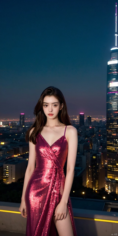  neonpunk style Neon noir leogirl,hANMEIMEI,realistic photography,,On the rooftop of a towering skyscraper,a girl stands,facing the camera directly. Behind her,a multitude of skyscrapers stretches into the distance,creating a breathtaking urban panorama. It's the perfect dusk moment,with the evening sun casting a warm glow on the girl's face,intensifying the scene's impact. The photo captures a sense of awe,with the sharpness and realism making every detail vivid and clear,Hair fluttered in the wind,long hair,halterneck, . cyberpunk, vaporwave, neon, vibes, vibrant, stunningly beautiful, crisp, detailed, sleek, ultramodern, magenta highlights, dark purple shadows, high contrast, cinematic, ultra detailed, intricate, professional, ((poakl)), Light master,, , , , dress, blue dress, , anni